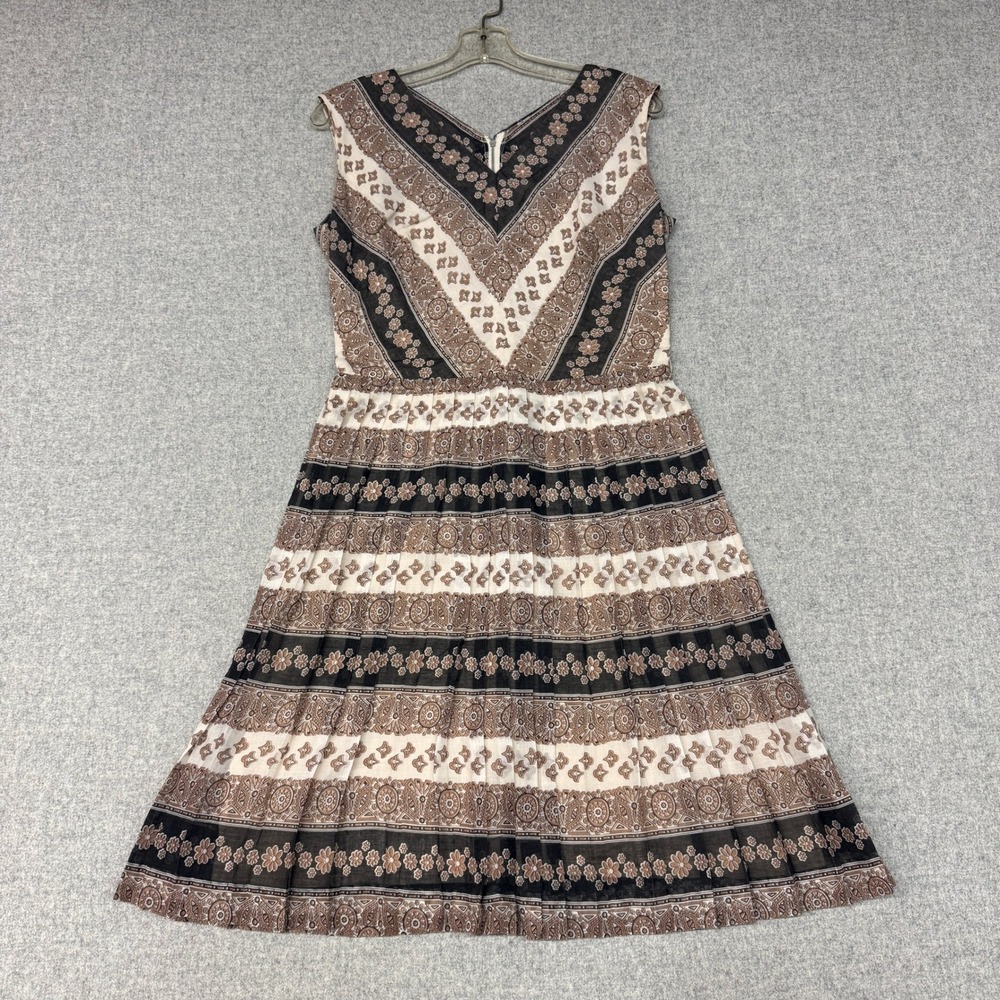 Jane Victor Vintage Sleeveless Dress Brown Black Floral Pleated ILGWU Union Made